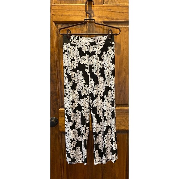 INC Palazzo Wide Legged Cropped Ankle Pants Size XL Black White Paisley Stretchy - Picture 2 of 11